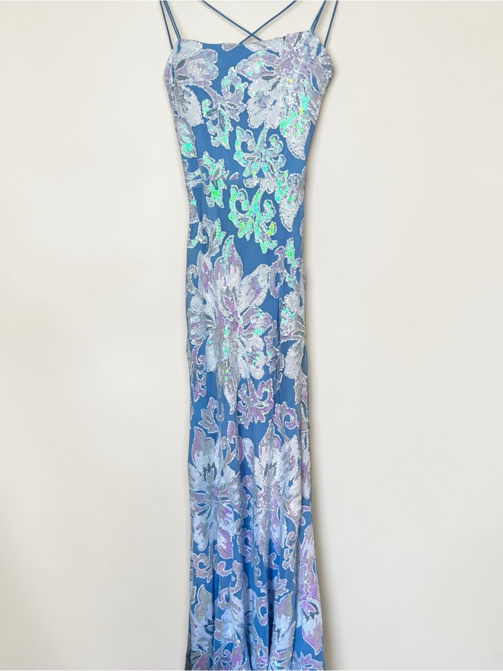 B Darlin Y2K Iridescent Sequin Mermaid Gown Strappy Back Blue Prom Dress XS